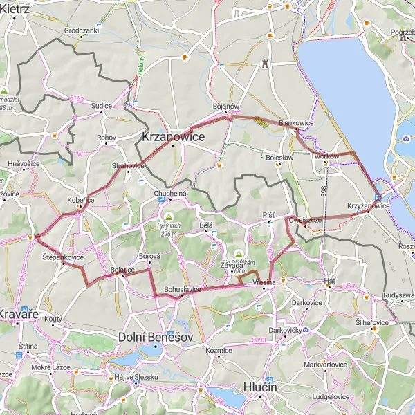 Mapa miniatúra "Trasa cez Bílú Břízu a Bohuslavice" cyklistická inšpirácia v Moravskoslezsko, Czech Republic. Vygenerované cyklistickým plánovačom trás Tarmacs.app