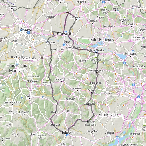 Map miniature of "The Slatina View Loop" cycling inspiration in Moravskoslezsko, Czech Republic. Generated by Tarmacs.app cycling route planner