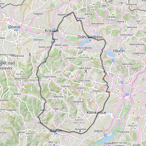 Miniaturní mapa "Kolem malebných vesnic a hor" inspirace pro cyklisty v oblasti Moravskoslezsko, Czech Republic. Vytvořeno pomocí plánovače tras Tarmacs.app