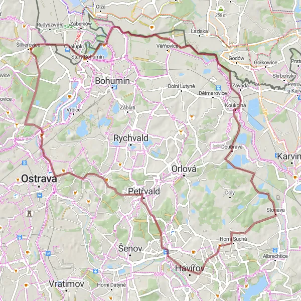 Miniaturní mapa "Gravel cyklotrasa Vyhlídka na Beskydy - Stonava" inspirace pro cyklisty v oblasti Moravskoslezsko, Czech Republic. Vytvořeno pomocí plánovače tras Tarmacs.app