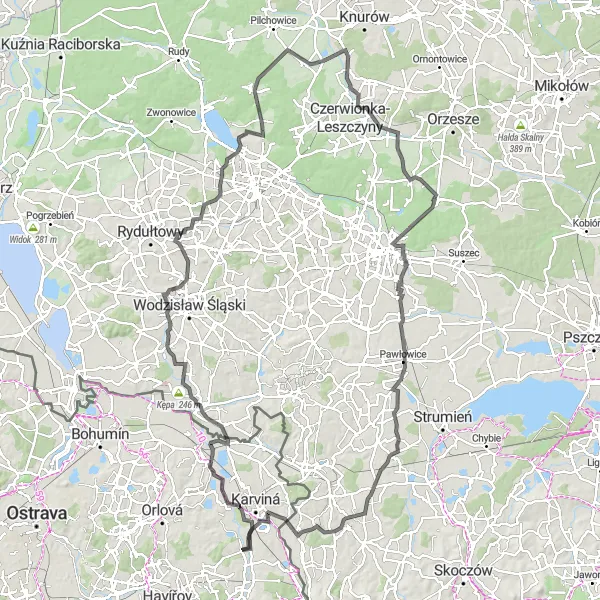Map miniature of "Challenging Road Bike Route" cycling inspiration in Moravskoslezsko, Czech Republic. Generated by Tarmacs.app cycling route planner