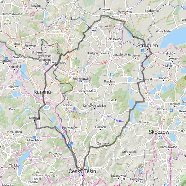 Map miniature of "Cieszyn Border Loop" cycling inspiration in Moravskoslezsko, Czech Republic. Generated by Tarmacs.app cycling route planner