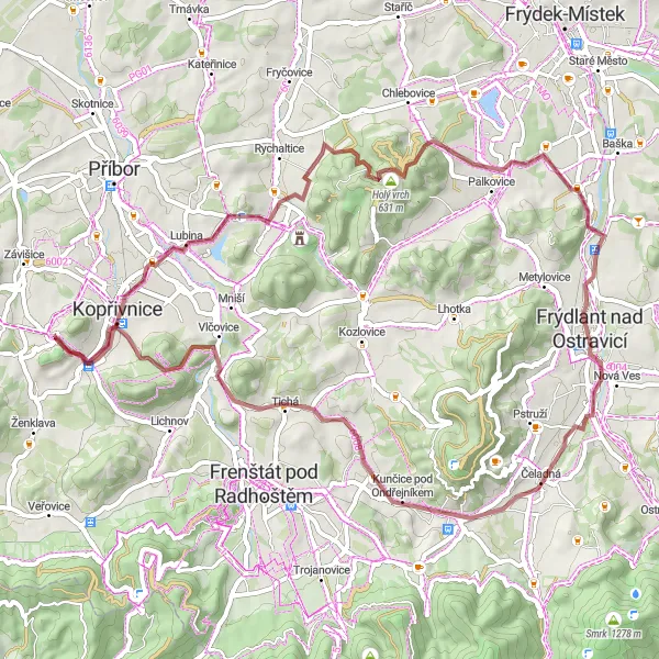 Karten-Miniaturansicht der Radinspiration "Natur pur auf Schotterwegen" in Moravskoslezsko, Czech Republic. Erstellt vom Tarmacs.app-Routenplaner für Radtouren