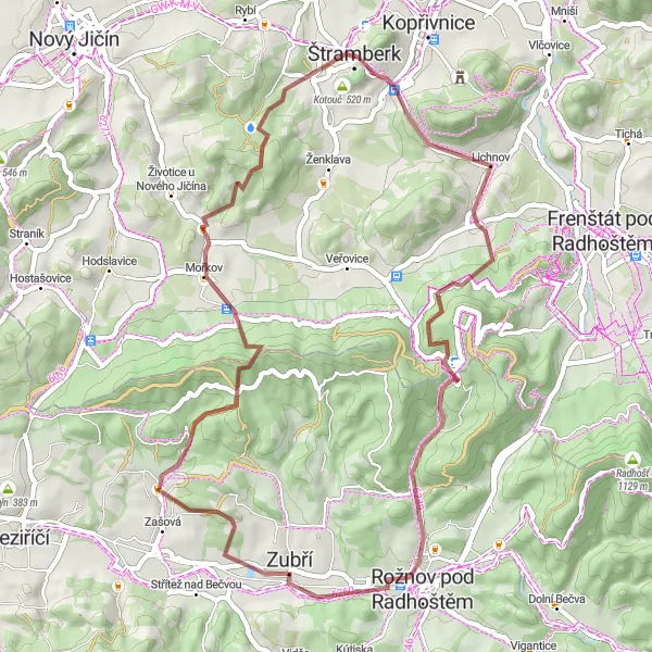 Map miniature of "Gravel Adventure to Lichnov" cycling inspiration in Moravskoslezsko, Czech Republic. Generated by Tarmacs.app cycling route planner