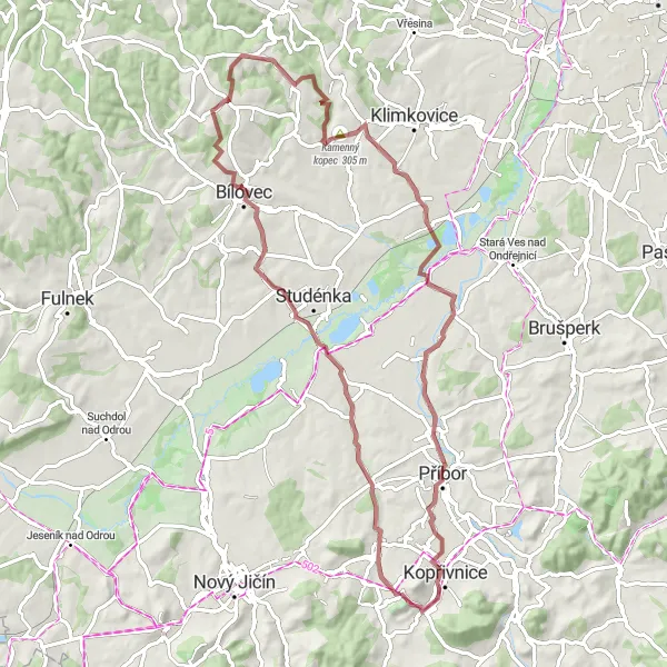 Miniaturní mapa "Gravel Štramberk - Petřvaldík circuit" inspirace pro cyklisty v oblasti Moravskoslezsko, Czech Republic. Vytvořeno pomocí plánovače tras Tarmacs.app