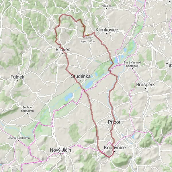 Mapa miniatúra "Gravel Štramberk - Vyhlídkové místo na Štramberk" cyklistická inšpirácia v Moravskoslezsko, Czech Republic. Vygenerované cyklistickým plánovačom trás Tarmacs.app