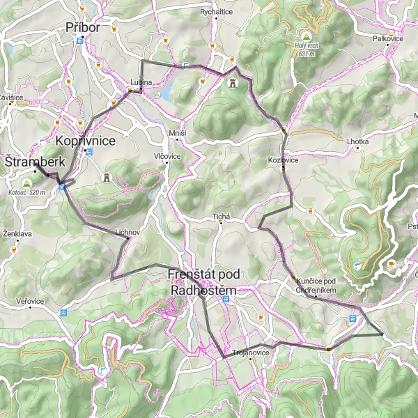 Map miniature of "Exploring the Ondřejník Hills" cycling inspiration in Moravskoslezsko, Czech Republic. Generated by Tarmacs.app cycling route planner