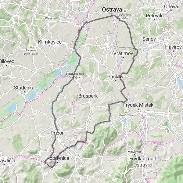 Miniaturní mapa "Kolo okolo Štramberka a Moravské Ostravy" inspirace pro cyklisty v oblasti Moravskoslezsko, Czech Republic. Vytvořeno pomocí plánovače tras Tarmacs.app