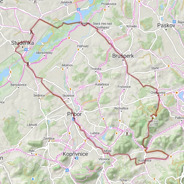 Mapa miniatúra "Gravelový okruh kolem Košatky" cyklistická inšpirácia v Moravskoslezsko, Czech Republic. Vygenerované cyklistickým plánovačom trás Tarmacs.app