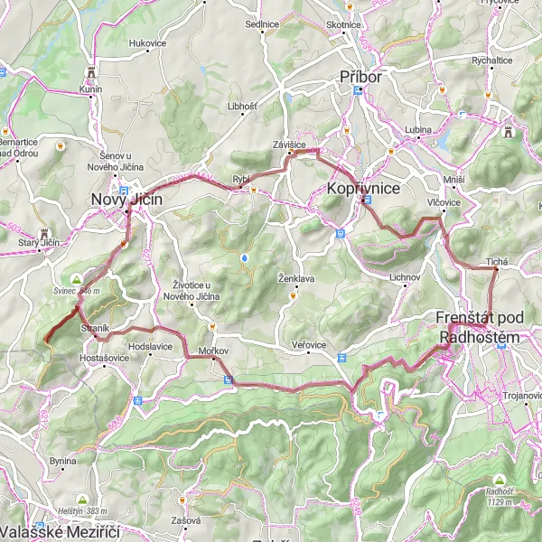 Miniatura mapy "Przejazd szlakiem Vlčiny i Kopřivnice" - trasy rowerowej w Moravskoslezsko, Czech Republic. Wygenerowane przez planer tras rowerowych Tarmacs.app