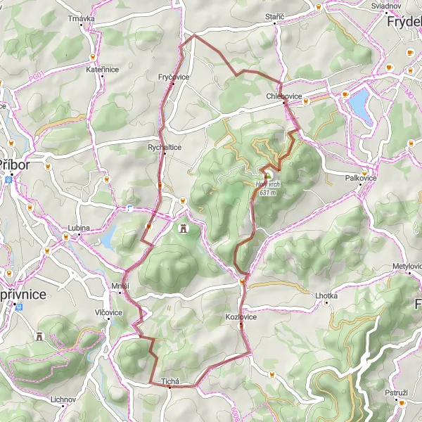 Map miniature of "The Gravel Adventure" cycling inspiration in Moravskoslezsko, Czech Republic. Generated by Tarmacs.app cycling route planner