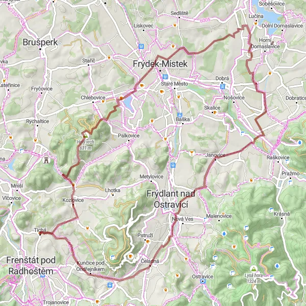 Miniaturní mapa "Gravel bike - Kozlovice circuit" inspirace pro cyklisty v oblasti Moravskoslezsko, Czech Republic. Vytvořeno pomocí plánovače tras Tarmacs.app