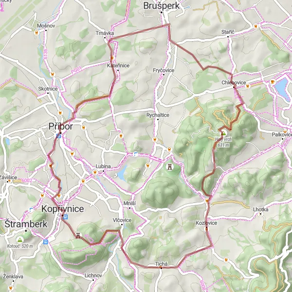 Miniaturní mapa "Gravel bike - Tichá loop" inspirace pro cyklisty v oblasti Moravskoslezsko, Czech Republic. Vytvořeno pomocí plánovače tras Tarmacs.app
