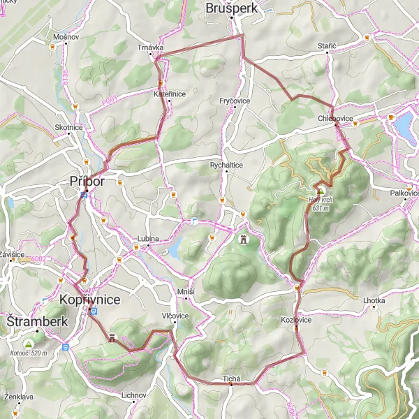 Map miniature of "Cycling through Kopřivnice and Příbor" cycling inspiration in Moravskoslezsko, Czech Republic. Generated by Tarmacs.app cycling route planner