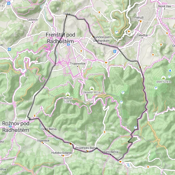 Mapa miniatúra "Silniční okruh s vysokým stupněm obtížnosti v Beskydech" cyklistická inšpirácia v Moravskoslezsko, Czech Republic. Vygenerované cyklistickým plánovačom trás Tarmacs.app