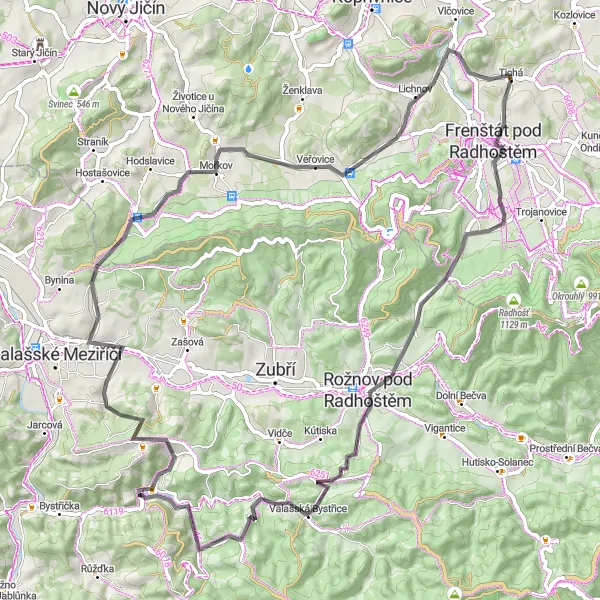 Map miniature of "Jurkovičova rozhledna - Road" cycling inspiration in Moravskoslezsko, Czech Republic. Generated by Tarmacs.app cycling route planner