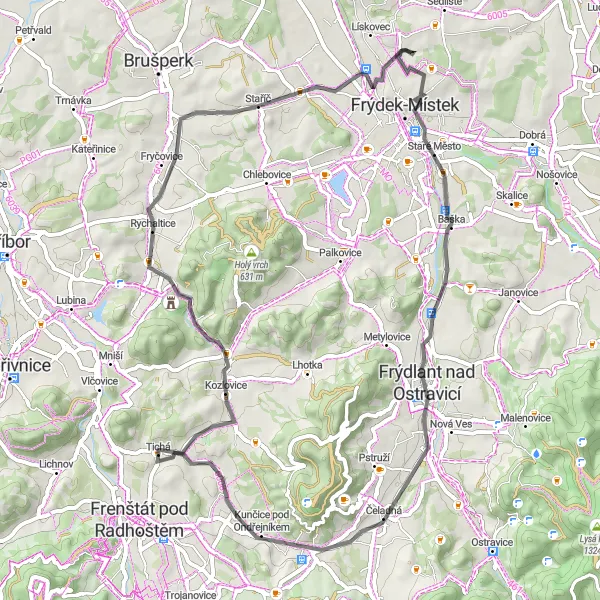 Karten-Miniaturansicht der Radinspiration "Bemerkenswerte Strecke durch die malerische Landschaft" in Moravskoslezsko, Czech Republic. Erstellt vom Tarmacs.app-Routenplaner für Radtouren