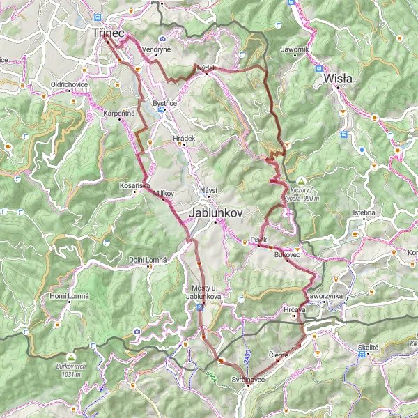 Mapa miniatúra "Gravelová trasa okolo Třince a Beskýd" cyklistická inšpirácia v Moravskoslezsko, Czech Republic. Vygenerované cyklistickým plánovačom trás Tarmacs.app