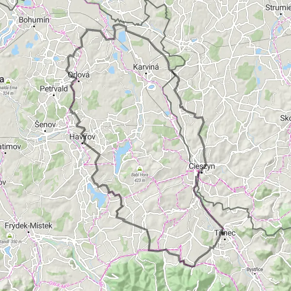 Miniatura mapy "Trasa rowerowa Górskie Wyzwanie" - trasy rowerowej w Moravskoslezsko, Czech Republic. Wygenerowane przez planer tras rowerowych Tarmacs.app