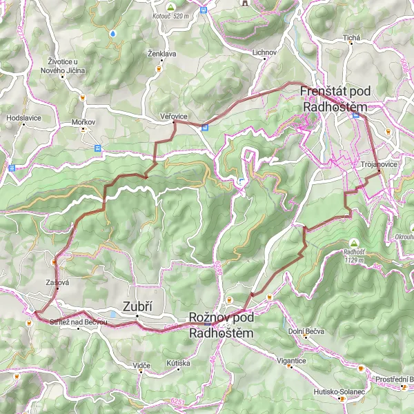 Miniaturní mapa "Gravelová trasa kolem Trojanovic a Rožnova pod Radhoštěm" inspirace pro cyklisty v oblasti Moravskoslezsko, Czech Republic. Vytvořeno pomocí plánovače tras Tarmacs.app