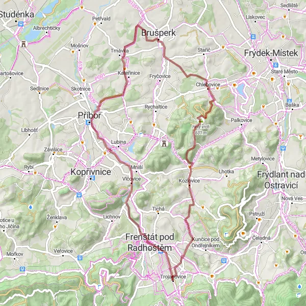 Miniaturní mapa "Gravel Cyklotrasa Trojanovice" inspirace pro cyklisty v oblasti Moravskoslezsko, Czech Republic. Vytvořeno pomocí plánovače tras Tarmacs.app