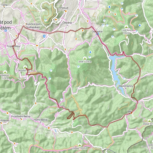 Miniaturní mapa "Gravelová výprava kolem Ostravice" inspirace pro cyklisty v oblasti Moravskoslezsko, Czech Republic. Vytvořeno pomocí plánovače tras Tarmacs.app