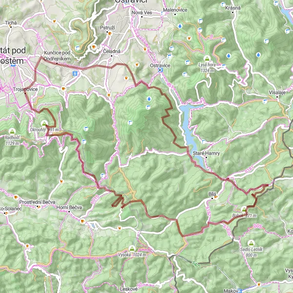 Karten-Miniaturansicht der Radinspiration "Bergige Schottertour um Trojanovice" in Moravskoslezsko, Czech Republic. Erstellt vom Tarmacs.app-Routenplaner für Radtouren