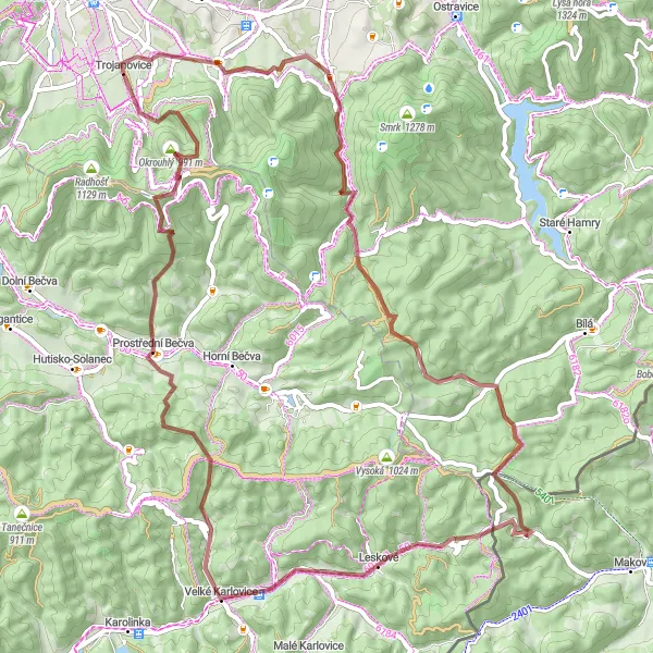 Miniaturní mapa "Gravelový okruh kolem Velkých Karlovic" inspirace pro cyklisty v oblasti Moravskoslezsko, Czech Republic. Vytvořeno pomocí plánovače tras Tarmacs.app