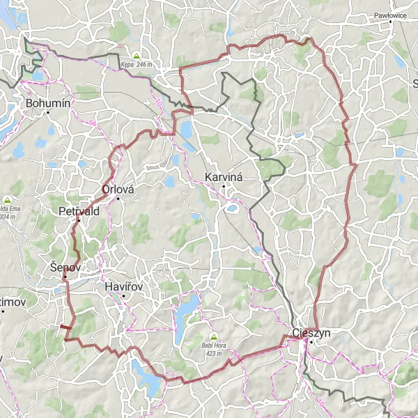 Miniaturní mapa "Gravel do Jastrzębie-Zdrój" inspirace pro cyklisty v oblasti Moravskoslezsko, Czech Republic. Vytvořeno pomocí plánovače tras Tarmacs.app