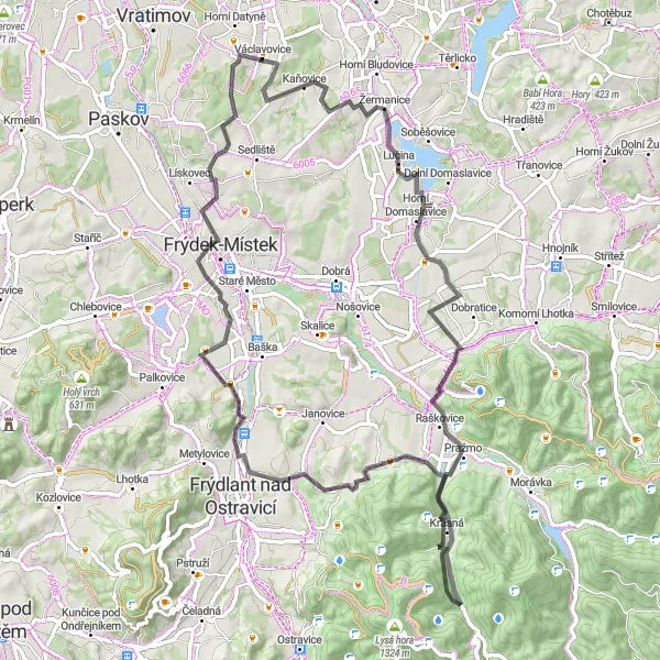 Miniaturní mapa "Cestování kolem Václavovic - okružní trasa" inspirace pro cyklisty v oblasti Moravskoslezsko, Czech Republic. Vytvořeno pomocí plánovače tras Tarmacs.app