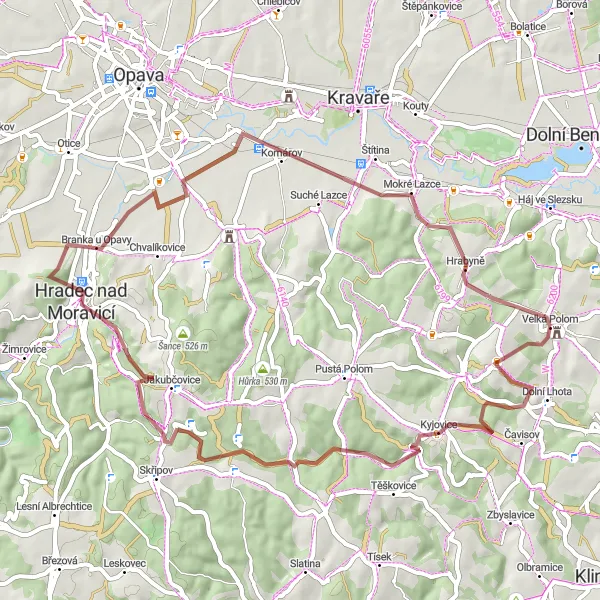 Mapa miniatúra "Gravelové dobrodružstvo" cyklistická inšpirácia v Moravskoslezsko, Czech Republic. Vygenerované cyklistickým plánovačom trás Tarmacs.app