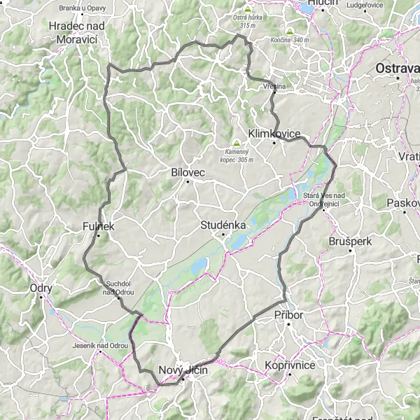 Karten-Miniaturansicht der Radinspiration "Rasante Road-Tour durch das Grüne" in Moravskoslezsko, Czech Republic. Erstellt vom Tarmacs.app-Routenplaner für Radtouren