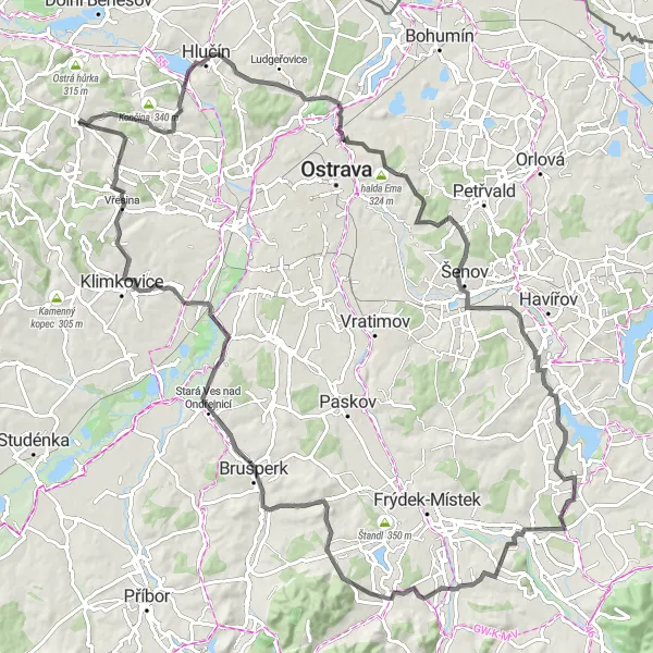 Mapa miniatúra "Road trip okolo Velké Polomi" cyklistická inšpirácia v Moravskoslezsko, Czech Republic. Vygenerované cyklistickým plánovačom trás Tarmacs.app