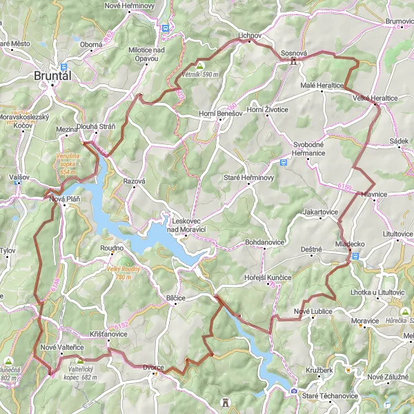 Miniaturní mapa "Gravelová cesta kolem Velkých Heraltic" inspirace pro cyklisty v oblasti Moravskoslezsko, Czech Republic. Vytvořeno pomocí plánovače tras Tarmacs.app