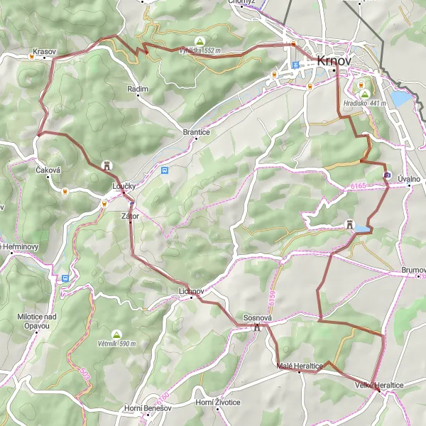 Karten-Miniaturansicht der Radinspiration "Entdeckungsreise durch Malé Heraltice und Krnov" in Moravskoslezsko, Czech Republic. Erstellt vom Tarmacs.app-Routenplaner für Radtouren
