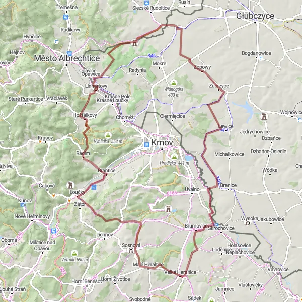 Mapa miniatúra "Gravel okolo Velkých Heraltic" cyklistická inšpirácia v Moravskoslezsko, Czech Republic. Vygenerované cyklistickým plánovačom trás Tarmacs.app