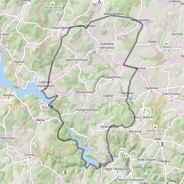 Miniaturní mapa "Okružní cyklistická trasa kolem Velkých Heraltic" inspirace pro cyklisty v oblasti Moravskoslezsko, Czech Republic. Vytvořeno pomocí plánovače tras Tarmacs.app