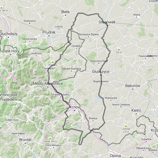 Miniaturní mapa "Výlet po památkách okolo Velkých Heraltic" inspirace pro cyklisty v oblasti Moravskoslezsko, Czech Republic. Vytvořeno pomocí plánovače tras Tarmacs.app