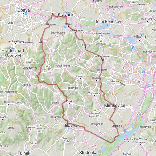 Miniaturní mapa "Gravelový výlet ke Klimkovicím" inspirace pro cyklisty v oblasti Moravskoslezsko, Czech Republic. Vytvořeno pomocí plánovače tras Tarmacs.app