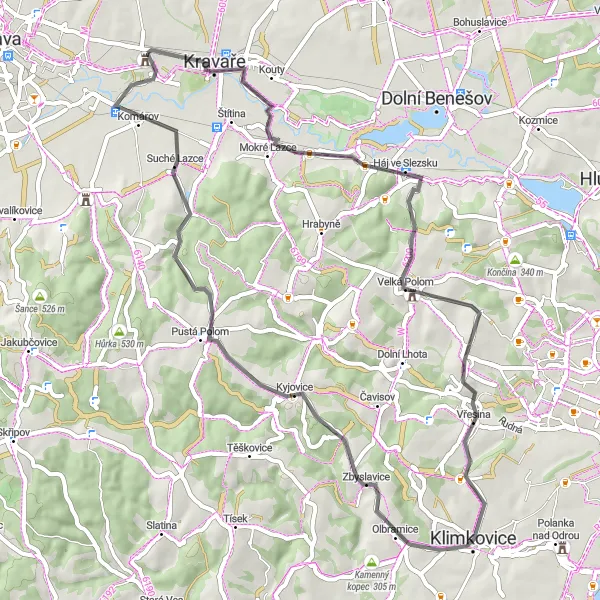 Mapa miniatúra "Okruh z Velkých Hoštic (silnice)" cyklistická inšpirácia v Moravskoslezsko, Czech Republic. Vygenerované cyklistickým plánovačom trás Tarmacs.app