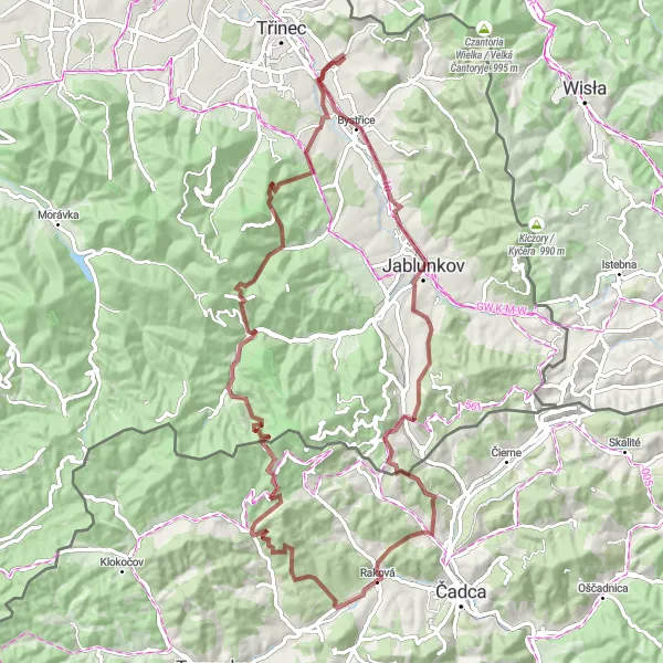Miniaturní mapa "Gravel trasa Vendryně - Jablunkov" inspirace pro cyklisty v oblasti Moravskoslezsko, Czech Republic. Vytvořeno pomocí plánovače tras Tarmacs.app