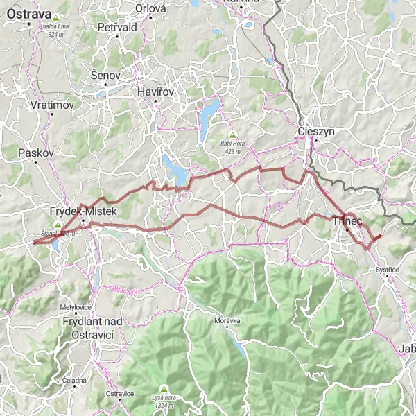 Miniaturní mapa "Okruh kolem Vendryně" inspirace pro cyklisty v oblasti Moravskoslezsko, Czech Republic. Vytvořeno pomocí plánovače tras Tarmacs.app