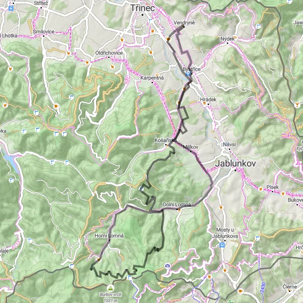 Karten-Miniaturansicht der Radinspiration "Bocanovice und Muřinkový Vrch Route" in Moravskoslezsko, Czech Republic. Erstellt vom Tarmacs.app-Routenplaner für Radtouren