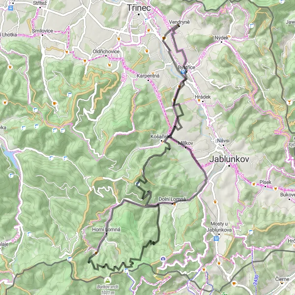 Miniaturní mapa "Okružní cyklotrasa kolem Vendryně" inspirace pro cyklisty v oblasti Moravskoslezsko, Czech Republic. Vytvořeno pomocí plánovače tras Tarmacs.app