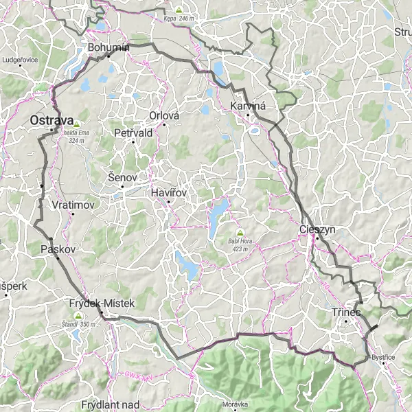 Miniaturní mapa "Okruh kolem Vendryňe a Dětmarovic" inspirace pro cyklisty v oblasti Moravskoslezsko, Czech Republic. Vytvořeno pomocí plánovače tras Tarmacs.app