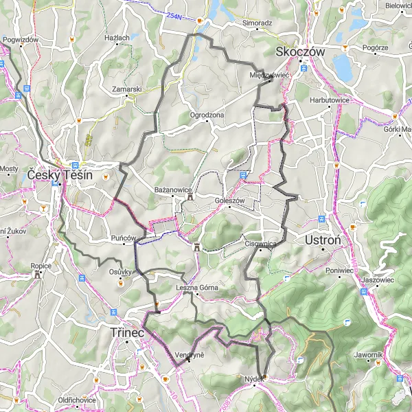 Miniaturní mapa "Zelený okruh Vendryně" inspirace pro cyklisty v oblasti Moravskoslezsko, Czech Republic. Vytvořeno pomocí plánovače tras Tarmacs.app