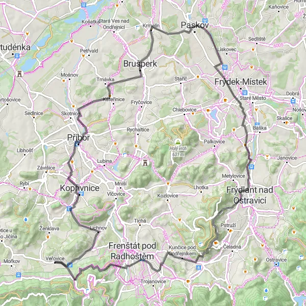 Map miniature of "Heritage of Veřovice and Mountain Views" cycling inspiration in Moravskoslezsko, Czech Republic. Generated by Tarmacs.app cycling route planner
