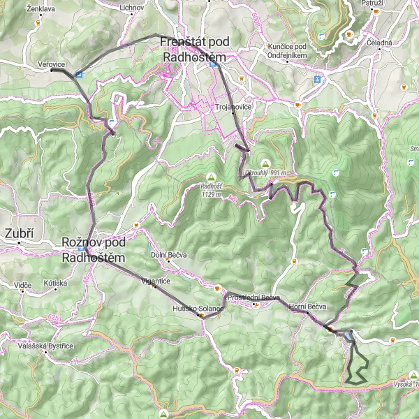 Map miniature of "Veřovice - Markův kopec - Trojanovice - Radegast - Pustevny - Turistický přístřešek Horní Bečva - Solisko - Poskla - Vigantice - Chlácholůvek" cycling inspiration in Moravskoslezsko, Czech Republic. Generated by Tarmacs.app cycling route planner