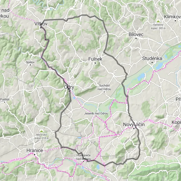 Miniaturní mapa "Trasa kolem Vítkova" inspirace pro cyklisty v oblasti Moravskoslezsko, Czech Republic. Vytvořeno pomocí plánovače tras Tarmacs.app