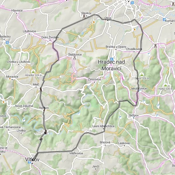 Map miniature of "Radkov and Kamenná hora Loop" cycling inspiration in Moravskoslezsko, Czech Republic. Generated by Tarmacs.app cycling route planner